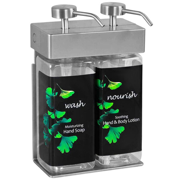 A black rectangular Dispenser Amenities wall mounted soap dispenser with two rectangular bottles with ginkgo labels.