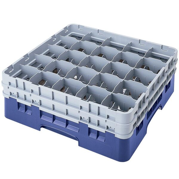 A blue plastic container with 25 compartments and 5 extenders.