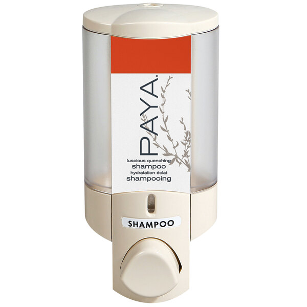 A white wall-mounted soap dispenser with a translucent bottle and a white Paya label.