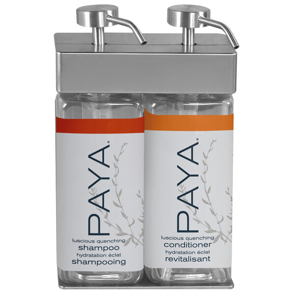 A Dispenser Amenities wall mounted shower dispenser with two rectangular bottles labeled Paya.
