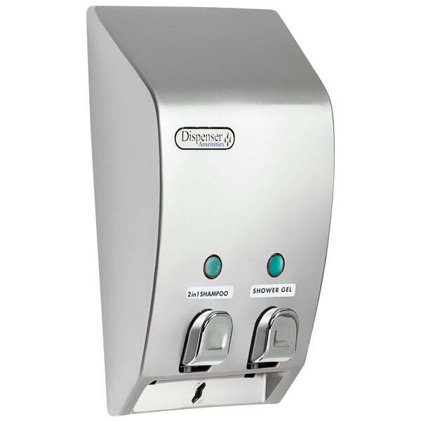 A satin silver Dispenser Amenities wall mounted 2-chamber soap dispenser with buttons.