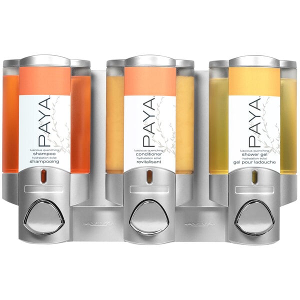 A group of three satin silver Dispenser Amenities Aviva soap dispensers with translucent bottles and a Paya logo.