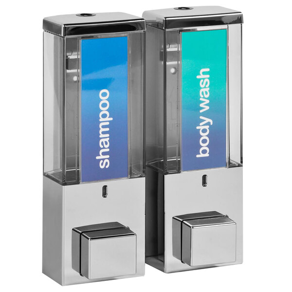 Two chrome wall-mounted soap dispensers with translucent bottles labeled "soap" and "soap"
