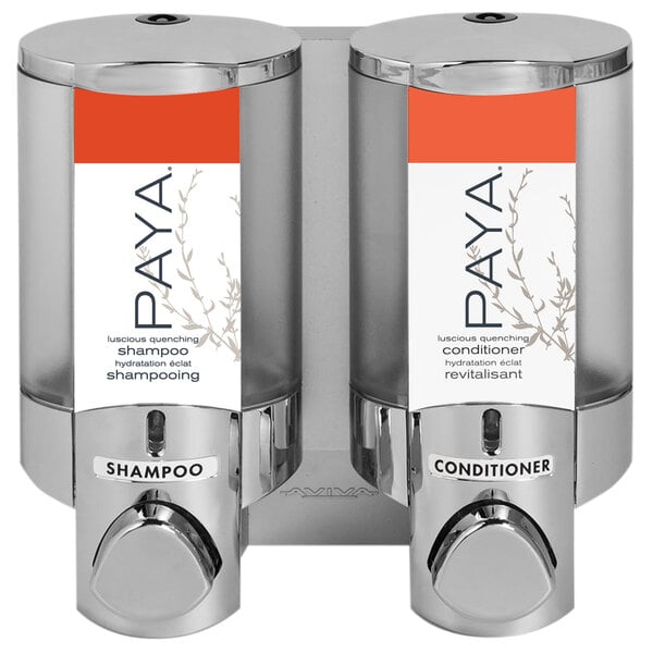 A chrome Aviva wall-mounted soap dispenser with two translucent bottles with white Paya labels.