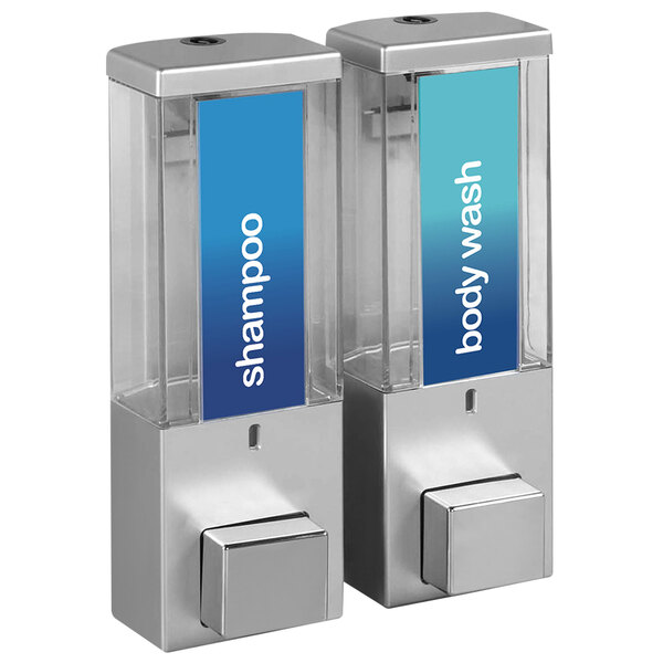 A satin silver wall-mounted shower dispenser with two translucent bottles with blue labels.