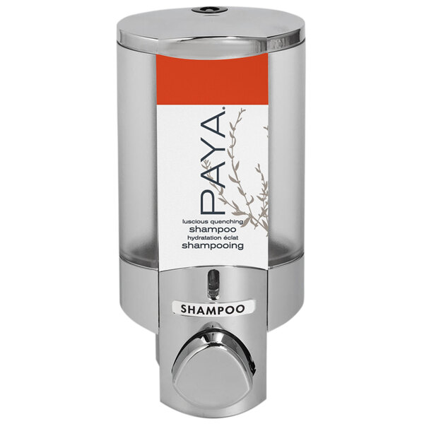 A chrome soap dispenser with a translucent bottle and a white label with a red Paya logo.