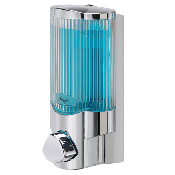 A chrome wall-mounted soap dispenser with a translucent blue bottle.