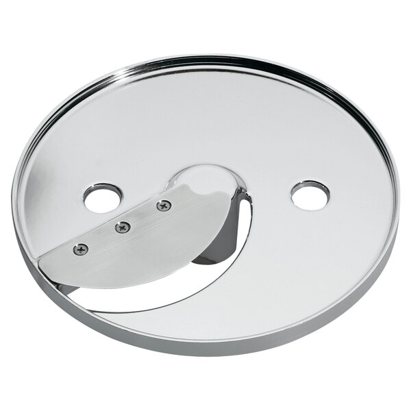 A Waring 5/16" slicing disc, a circular stainless steel plate with two holes.