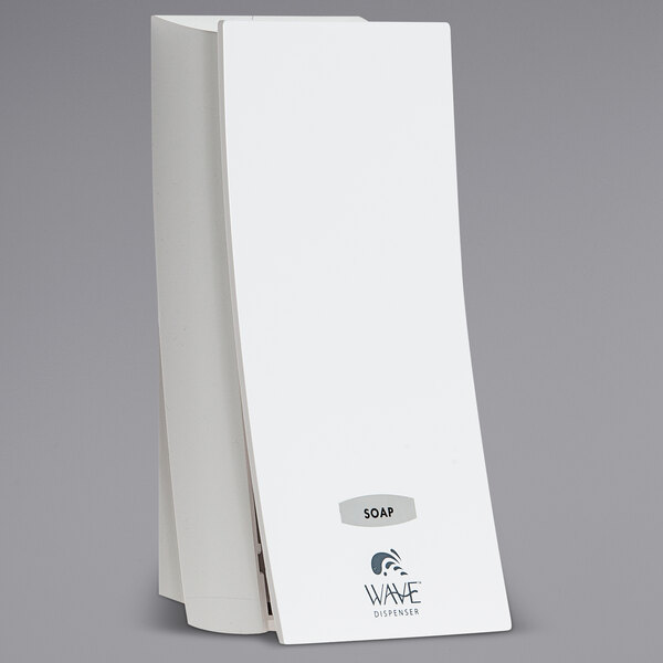 A white wall mounted bulk amenity dispenser.