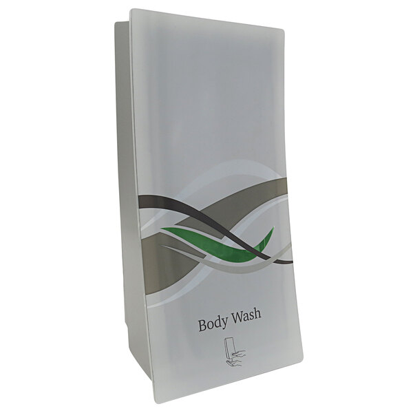 A white box with a green and white logo for a Dispenser Amenities Wave with a View wall mounted body wash dispenser.