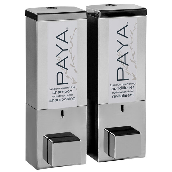 Two satin silver Dispenser Amenities with Paya logo bottles.