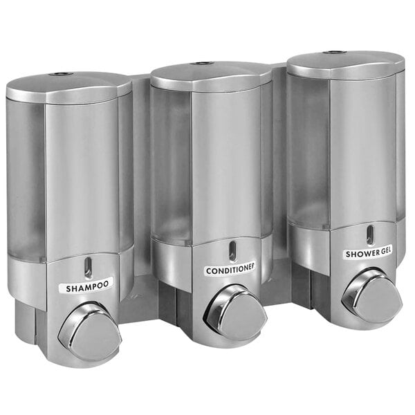A group of silver Dispenser Amenities Aviva soap dispensers with clear plastic chambers.