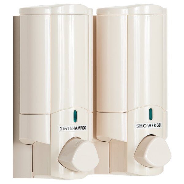 A white Dispenser Amenities Aviva 2-chamber wall mounted shower dispenser.