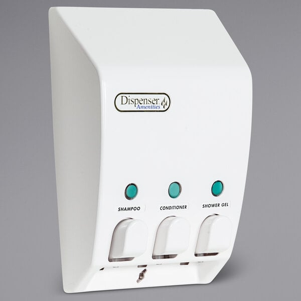 A white Dispenser Amenities wall-mounted dispenser with three blue buttons.