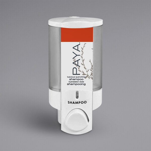 A white wall mounted soap dispenser with a translucent bottle and a Paya logo.
