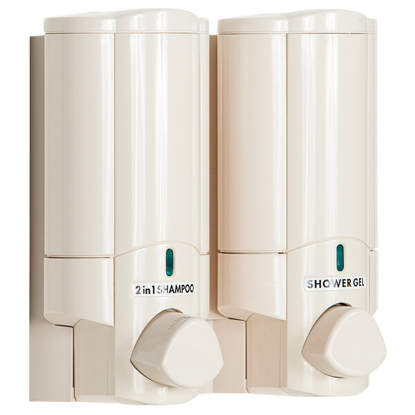 A white Dispenser Amenities Aviva 2-chamber wall-mounted shower dispenser.