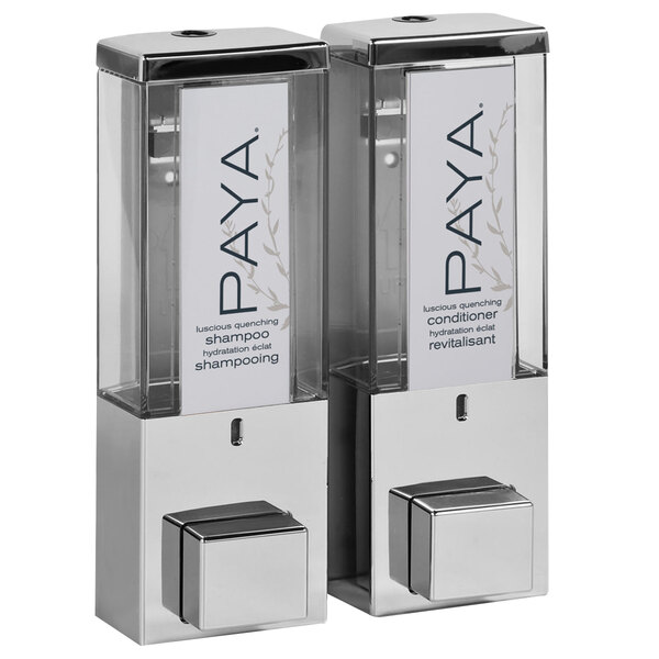 A chrome wall-mounted shower dispenser with two translucent bottles labeled Paya.