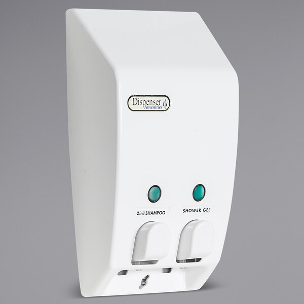 A white wall mounted Dispenser Amenities with two buttons.