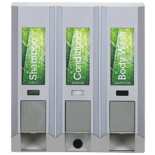 A Dispenser Amenities wall mounted shower dispenser with three satin silver chambers and chrome buttons, each with green labels.