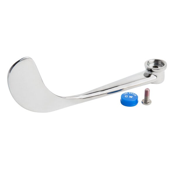A silver T&S wrist action handle with a blue button and screws.