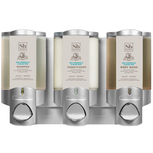 A group of three satin silver Dispenser Amenities Aviva wall mounted soap dispensers with translucent bottles and Soapbox logos.