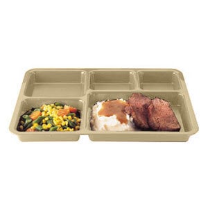 A Cambro tan tray with four compartments holding meat and mashed potatoes.