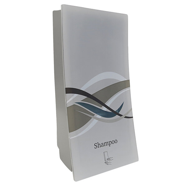 A white Dispenser Amenities wall mounted shampoo box with a logo in silver.