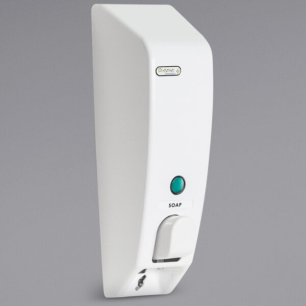 A white Dispenser Amenities wall mounted bulk amenity dispenser with a blue button.