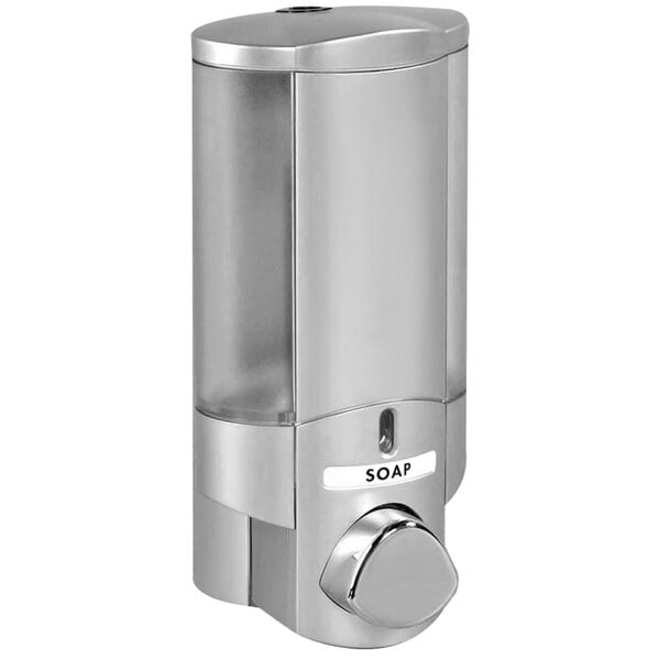 A silver Dispenser Amenities Aviva wall mounted soap dispenser with a clear plastic cover.