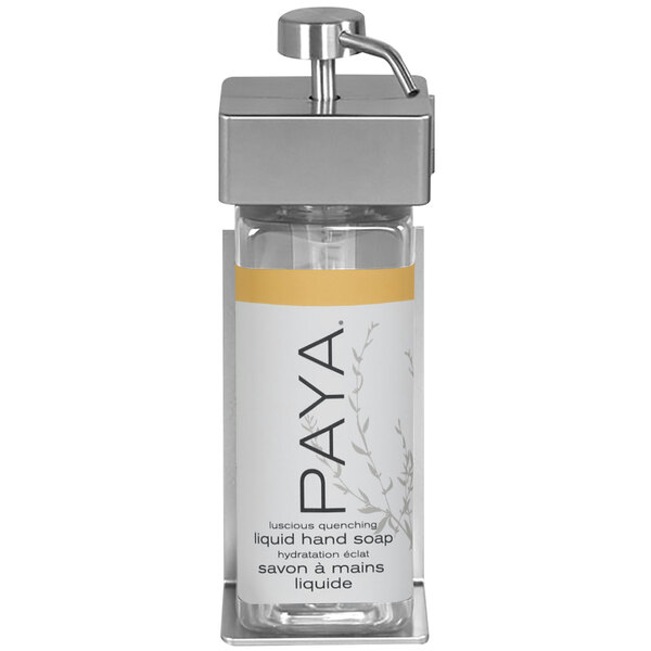 A white rectangular wall-mounted dispenser with black text reading "Paya" and a silver cap.