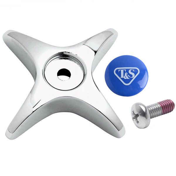A stainless steel star shaped T&S faucet handle with a screw and blue button with white text.
