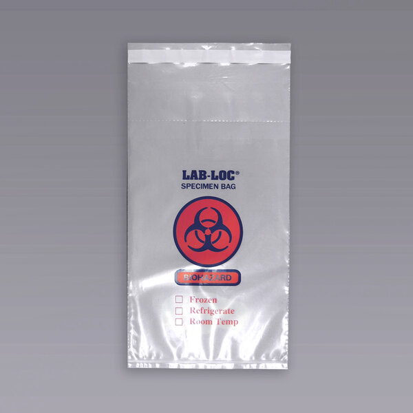 A white plastic LK Packaging biohazard specimen transfer bag with a red circle biohazard symbol.