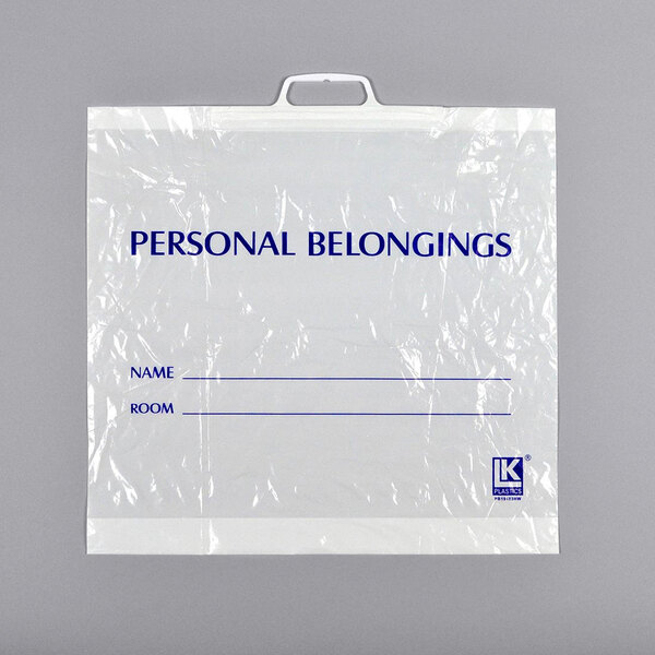 An opaque white plastic personal belongings bag with a snap handle.