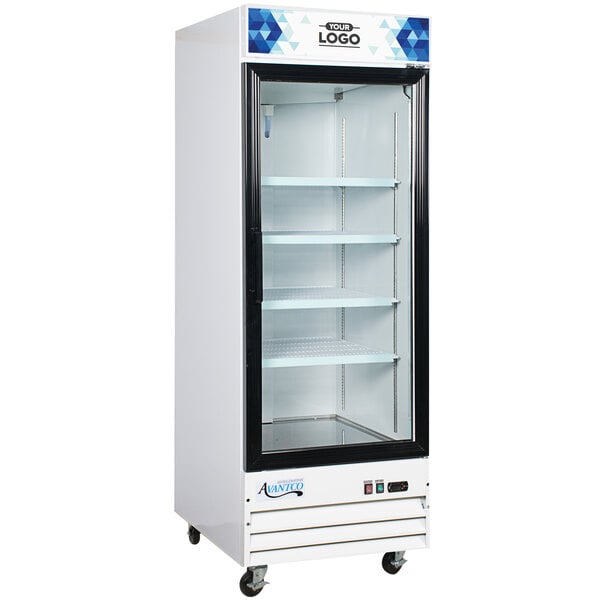 An Avantco white merchandiser refrigerator with swing glass doors.