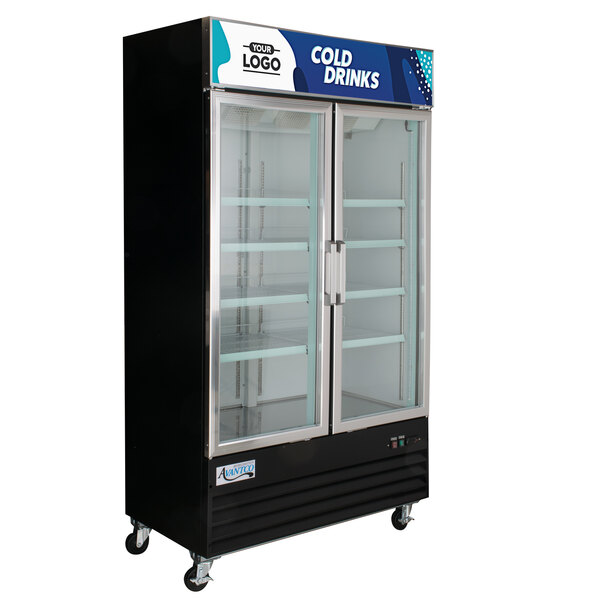 An Avantco swing glass door refrigerator with customizable panel and LED lighting.