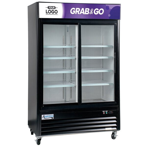 An Avantco black glass door refrigerator with the grab - go logo on it.