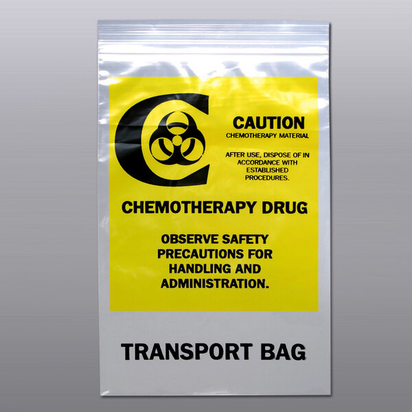A yellow LK Packaging bag with black text reading "Chemotherapy Drug Transfer Bag" and a black symbol.