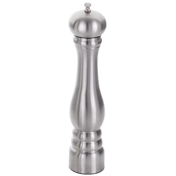 An American Metalcraft stainless steel pepper mill with a lid.