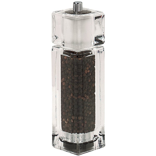 An American Metalcraft acrylic salt shaker with a black pepper on top.