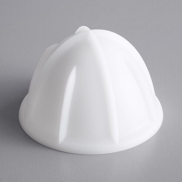 A white plastic dome-shaped reamer for a Hamilton Beach juicer.