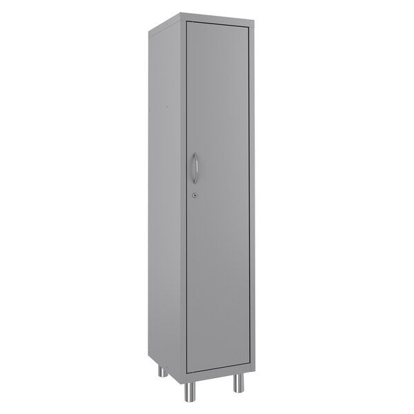 A grey metal Hirsh Industries tall storage locker with a door.