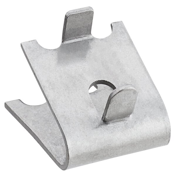 A stainless steel shelf clip for refrigeration.