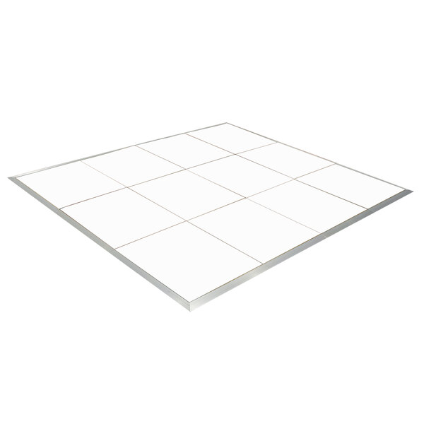 A white square Palmer Snyder portable dance floor tile with silver trim.