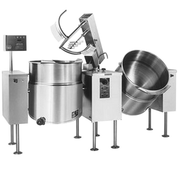 A Cleveland stainless steel twin mixer kettle with two metal bowls inside.