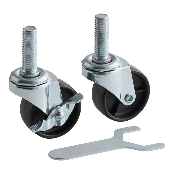 A pair of Beverage-Air stem casters with black wheels.