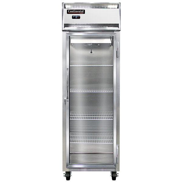 A Continental Refrigerator stainless steel reach-in freezer with glass doors.