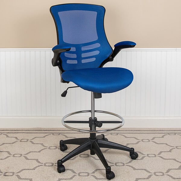 A Flash Furniture blue mesh drafting stool with black wheels.