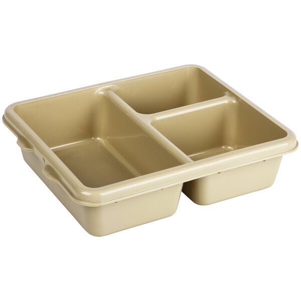A tan co-polymer plastic meal delivery tray with three compartments.