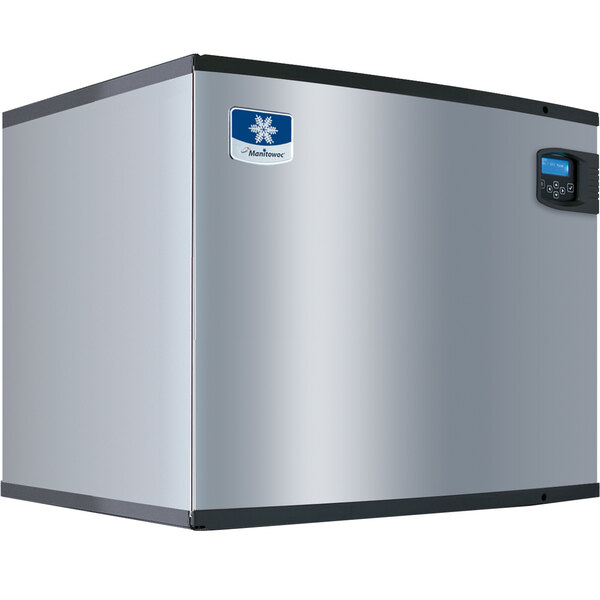 A silver Manitowoc Indigo Series cube ice machine with blue buttons.