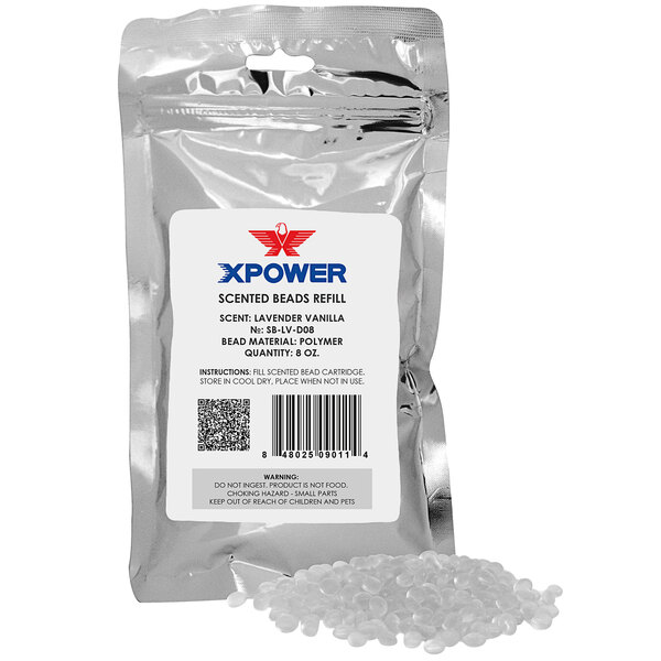A bag of XPOWER Lavender Vanilla scented beads for air movers with a label.